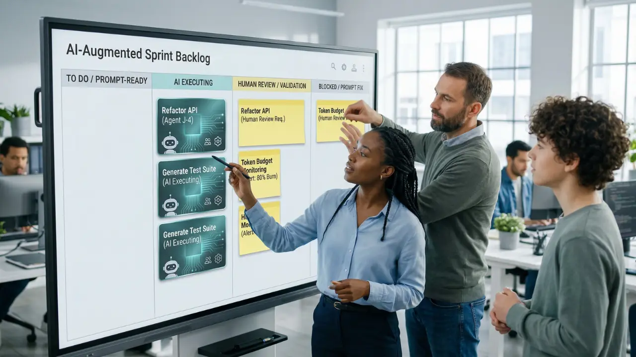 Agile team evaluating an AI-Augmented Sprint Backlog with dual workflows for humans and bots