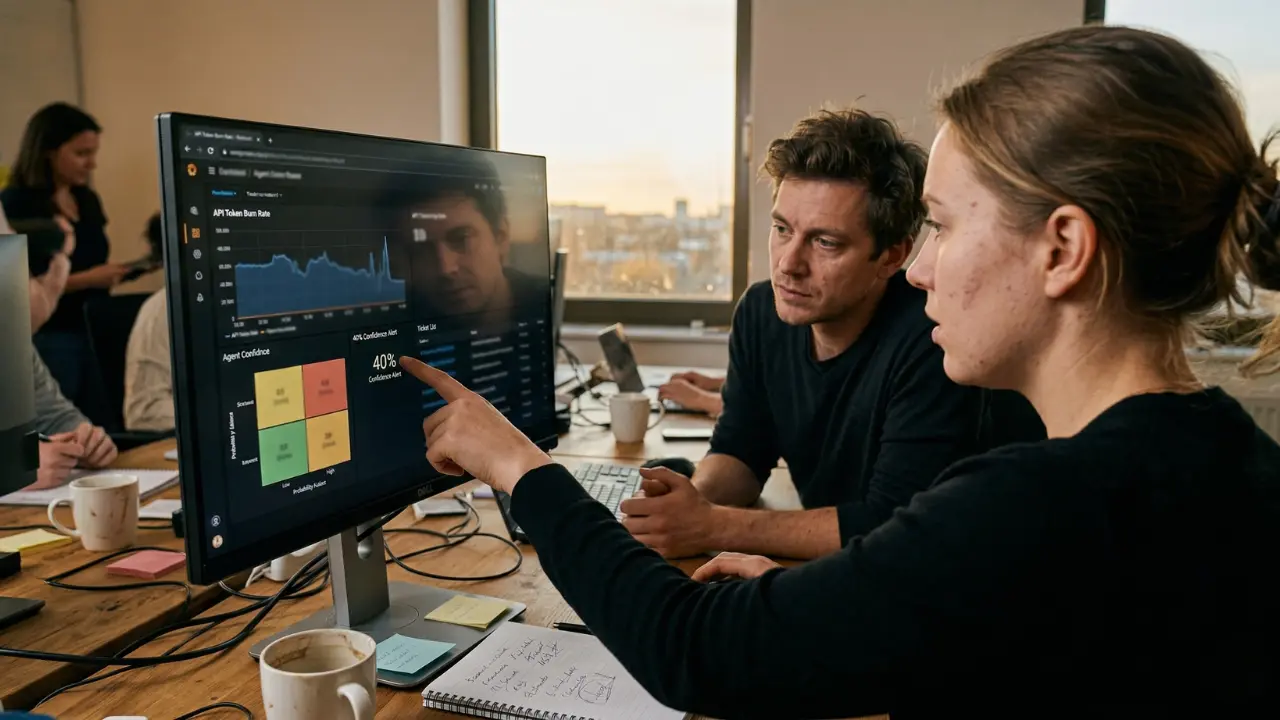 Human developer reviewing AI agent execution logs on a monitor during a hybrid Daily Scrum