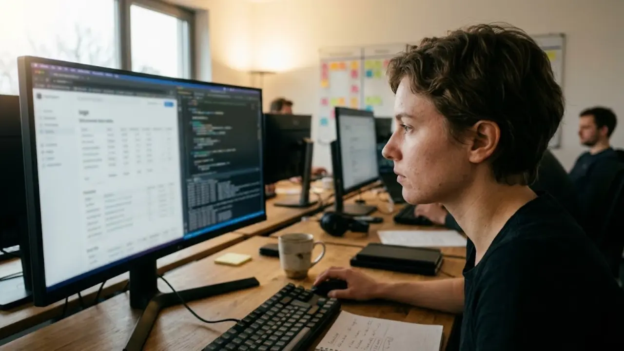 Scrum Master analyzing AI agent token logs and prompt libraries on a digital display during a sprint retrospective