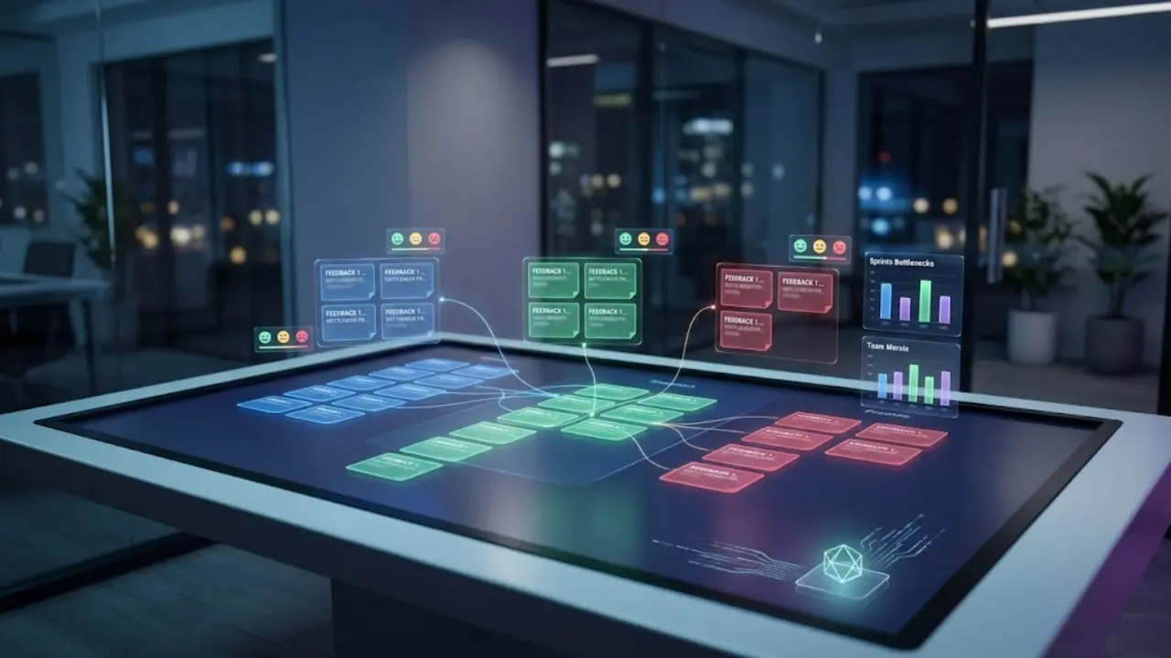 A Scrum Master utilizing an AI dashboard to analyze sprint bottlenecks during a retrospective meeting