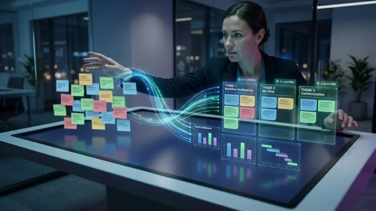 A split screen showing a traditional manual sticky note board versus an AI-clustered theme dashboard